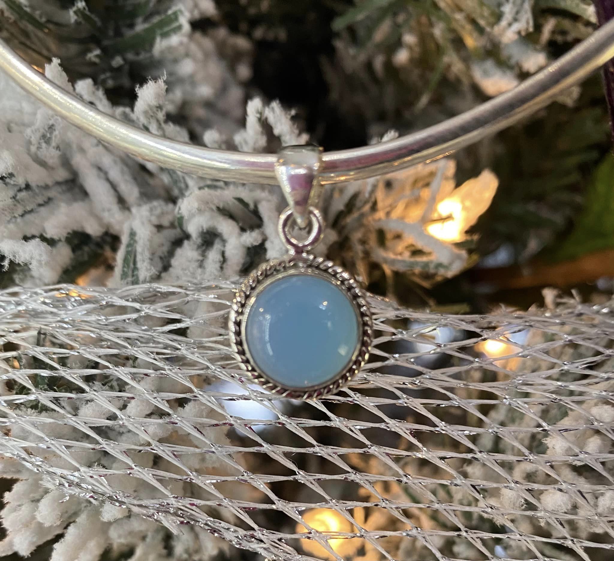 Blue Chalcedony Round Pendant with Rope Style Detail