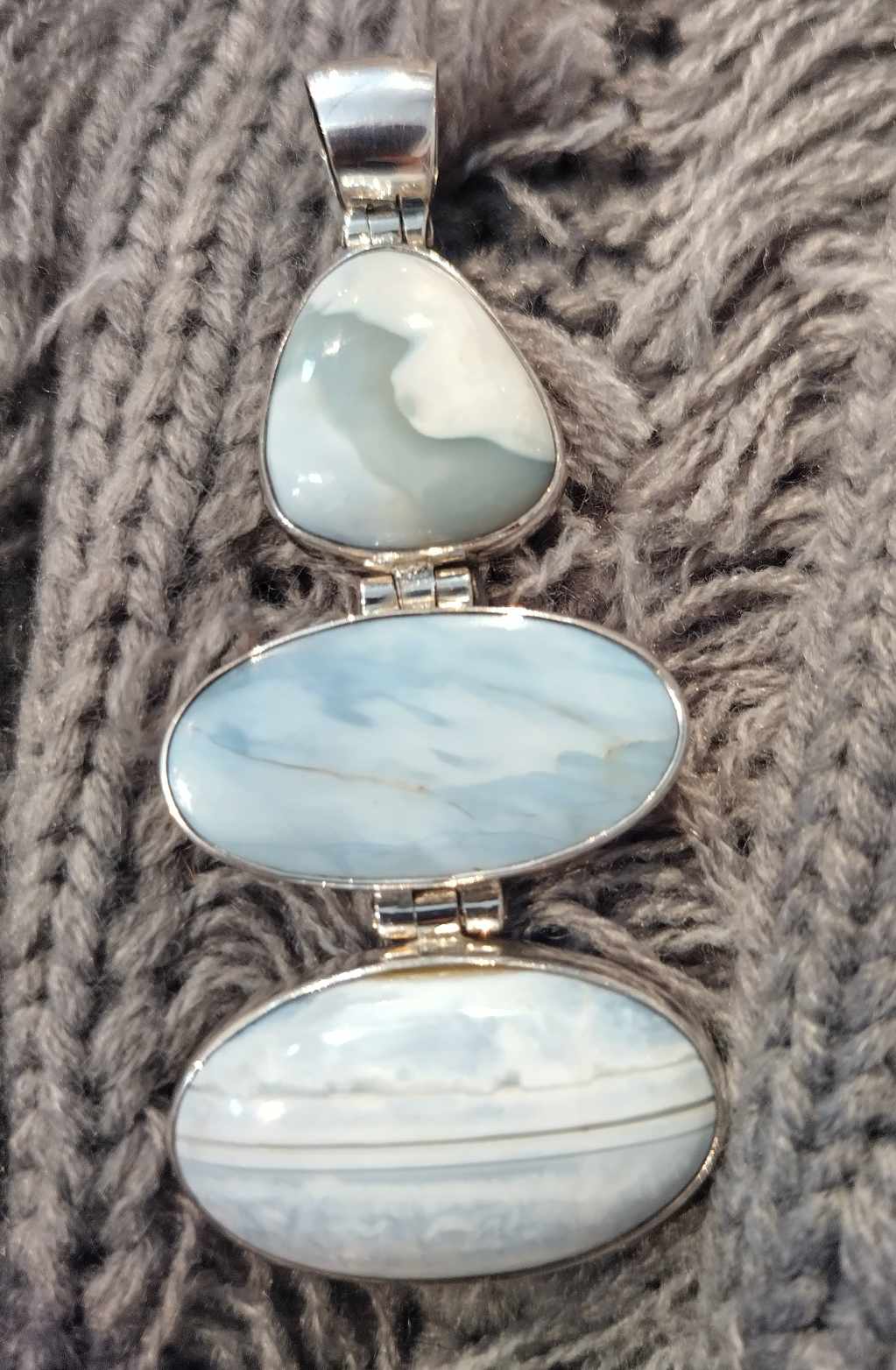 Blue Opal 3 Stone Pendant in a Sterling Silver Setting