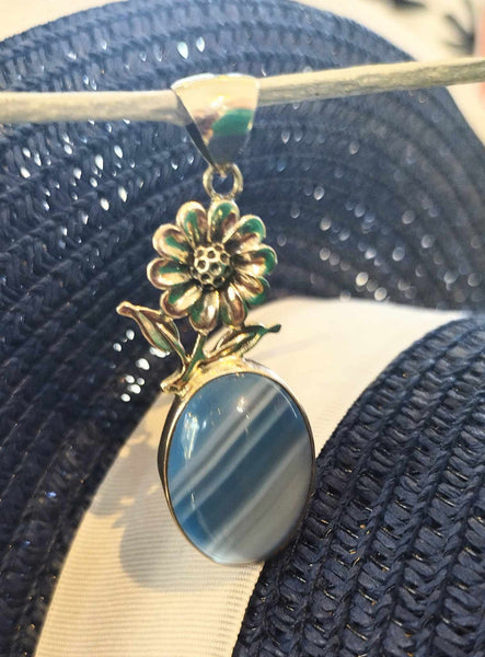 Blue Chalcedony Pendant with Flower Detail