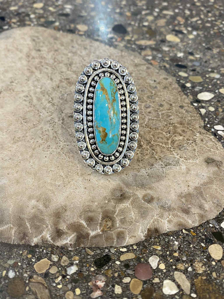 Turquoise Oval Ring with Sterling Silver Beaded Detail